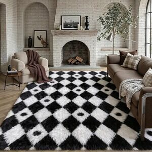 Checkered Rug 6X9 Living Room Black White Modern Shag Rug Washable Large